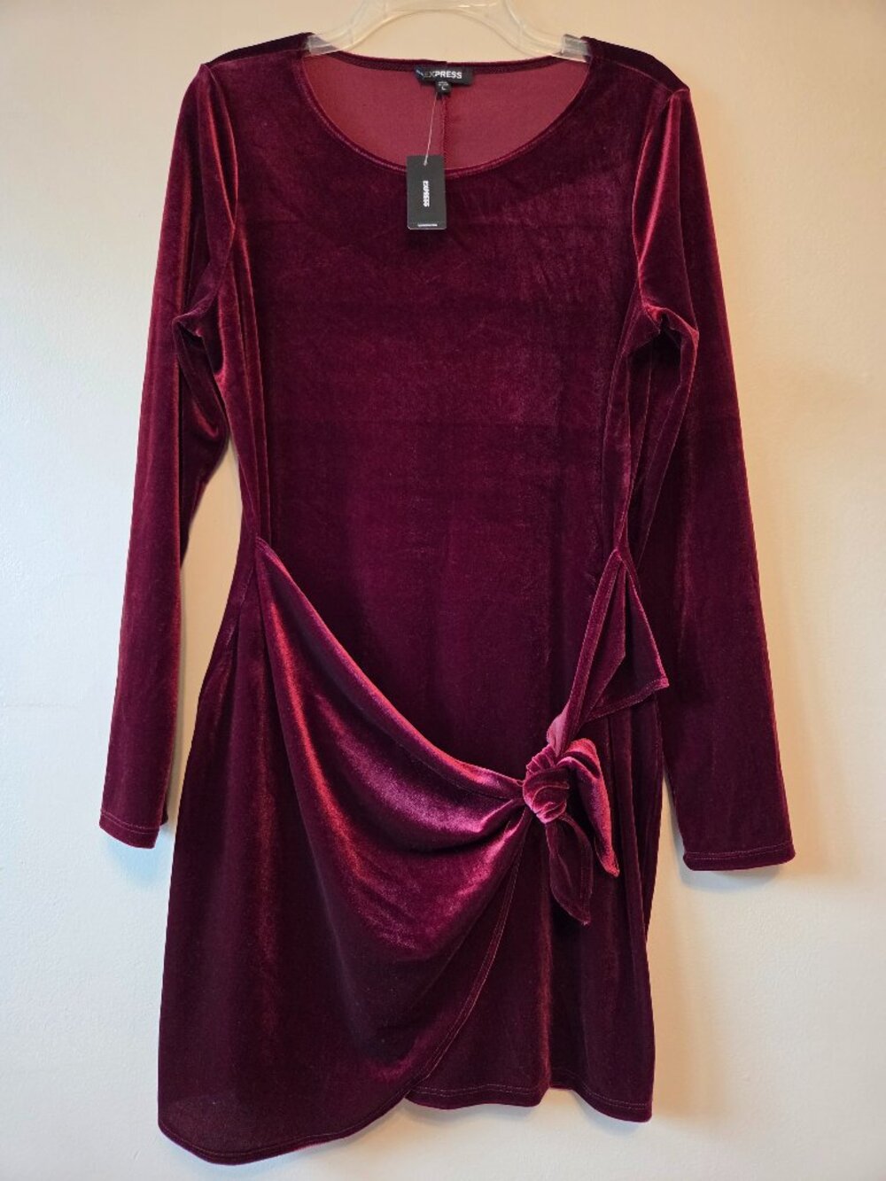 NWT Express Velvet Size L Dress Wine Burgundy Knot Detail Long Sleeve Mini Party